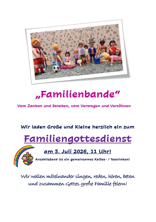 Flyer für den Familiengottesdienst am 5. Juli 2026 um 11:00 Uhr.